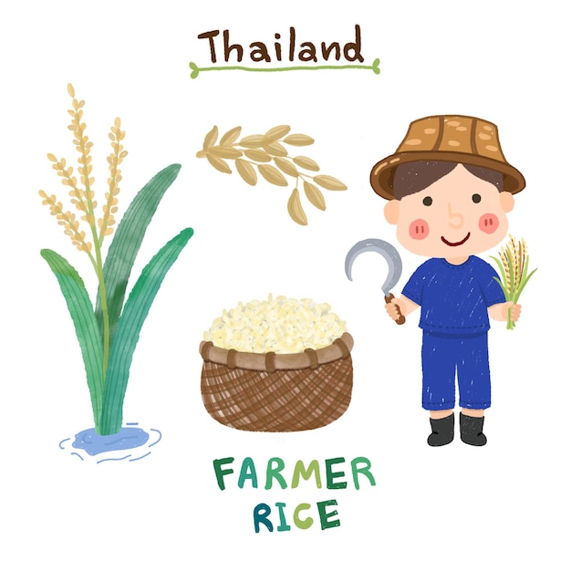 Definir desenho de desenho animado bonito de arroz de fazenda tailandesa plat de arroz de agricultor de arroz