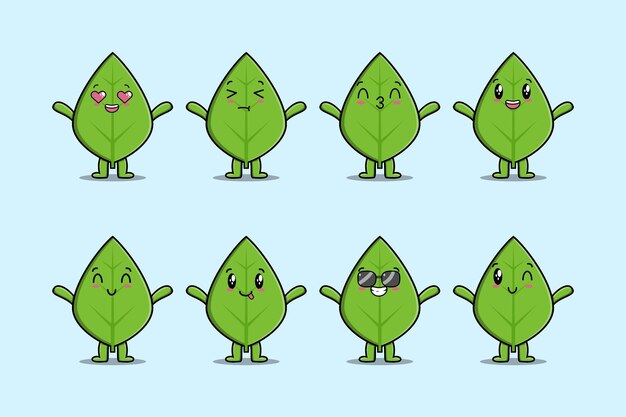 Vetor definir desenho de folha verde kawaii com diferentes expressões de ilustrações vetoriais de rosto de desenho animado