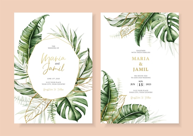 Definir design de modelo de cartão de convite de casamento com decoração de folhas tropicais