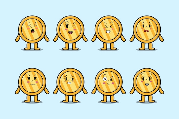 Definir diferentes expressões de desenho de moeda de ouro kawaii