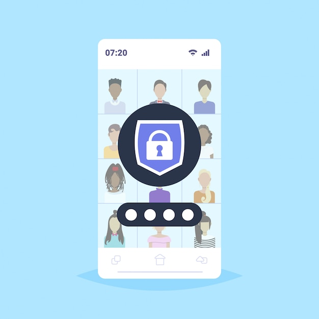 definir diferentes homens mulheres usuários avatares e perfis privacidade proteção de dados acesso conceito coisas funcionários empresa clientes coleção escudo com cadeado aplicativo móvel smartphone tela