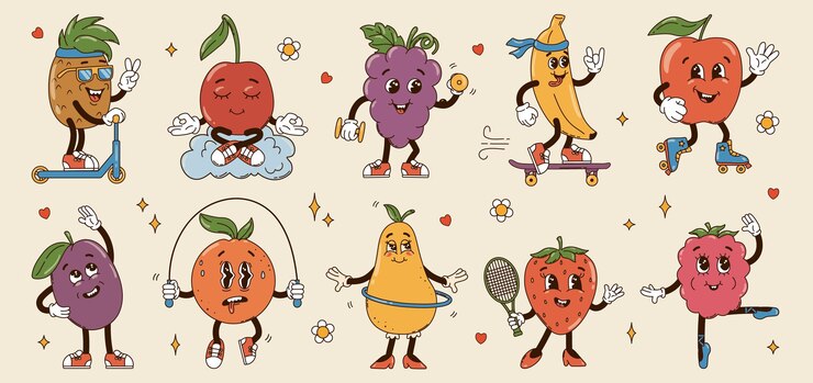 Vetor definir diferentes personagens isolados de frutas esportivas em luvas em estilo de desenho animado retrô plano