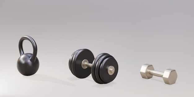 Definir dois halteres 3d e um kettlebell em um fundo cinza