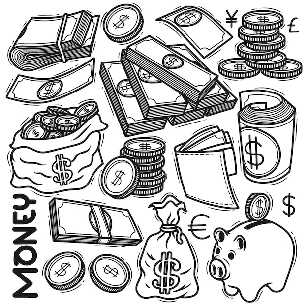 Vetor definir doodle desenhado à mão dinheiro