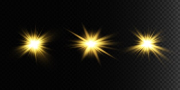 Definir efeito de luz de brilho com faíscas brancas e estrelas douradas brilham com luz especialLuz brilhante branca Luz da estrela dos raios O sol está iluminado Estrela bonita brilhante Luz solar EPS10