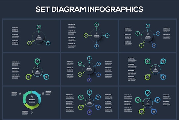 Vetor definir elementos de infográficos escuros do diagrama com modelo de opções 3 4 5 6 para web em um fundo preto