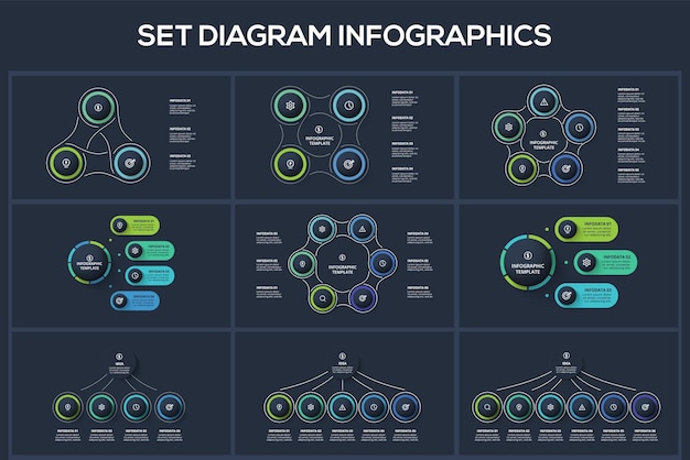 Definir elementos de infográficos escuros do diagrama com modelo de opções 3 4 5 6 para web em um fundo preto