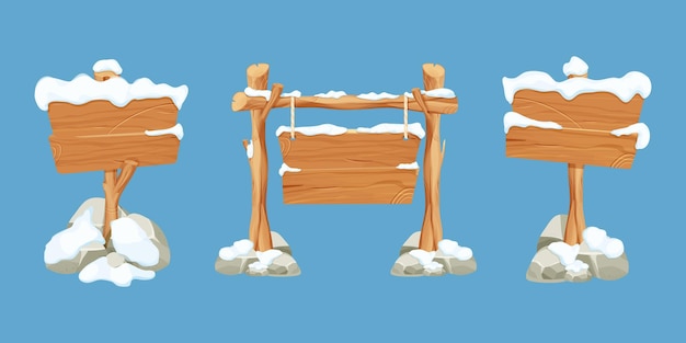 Definir em branco de madeira velha de inverno, tabuleta com neve no estilo de desenho animado Quadros vazios, prancha de direção