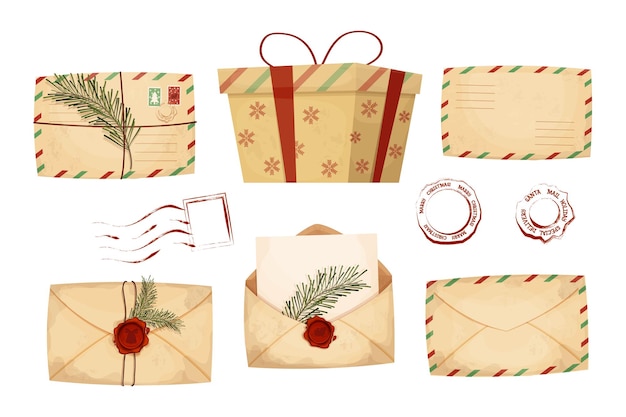 Definir envelopes de cartas de natal com papel vazio e lacre de cera vermelha com o papai noel