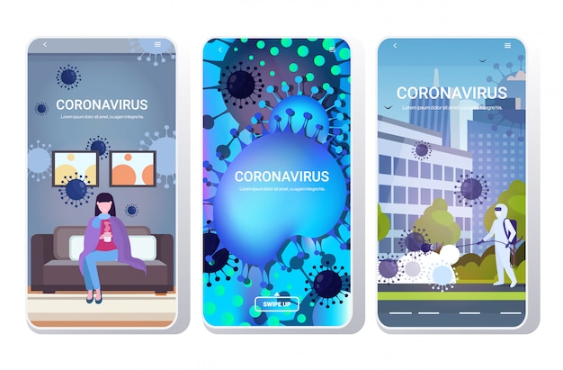 Definir epidemia vírus mers-cov wuhan coronavirus 2019-ncov conceitos de risco médico à saúde pandêmicos coleção telas de telefone telas de aplicativos móveis aplicativo de corpo inteiro cópia espaço horizontal
