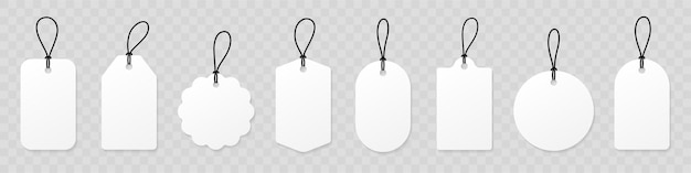 Vetor definir etiquetas de preço de papel branco em branco ou etiquetas de presente etiquetas de papel com cabo definir etiquetas de compras de modelo com vetor de estoque de sombra