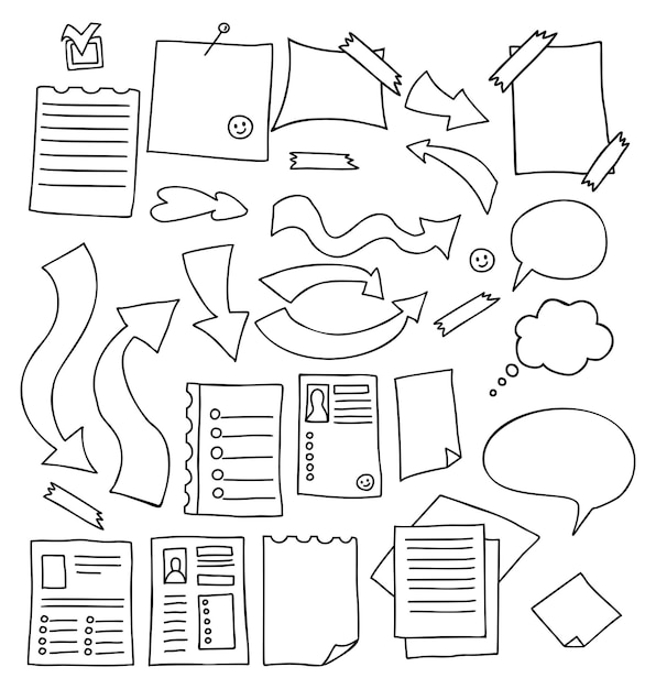Definir folhas de setas de bolhas de texto, planejador de papel de nota e folha de currículo para fazer adesivos de lista Doodle