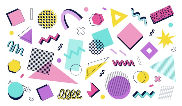 Definir formas geométricas abstratas elementos de estilo Memphis cartaz de banner vintage Ilustração vetorial anos 90