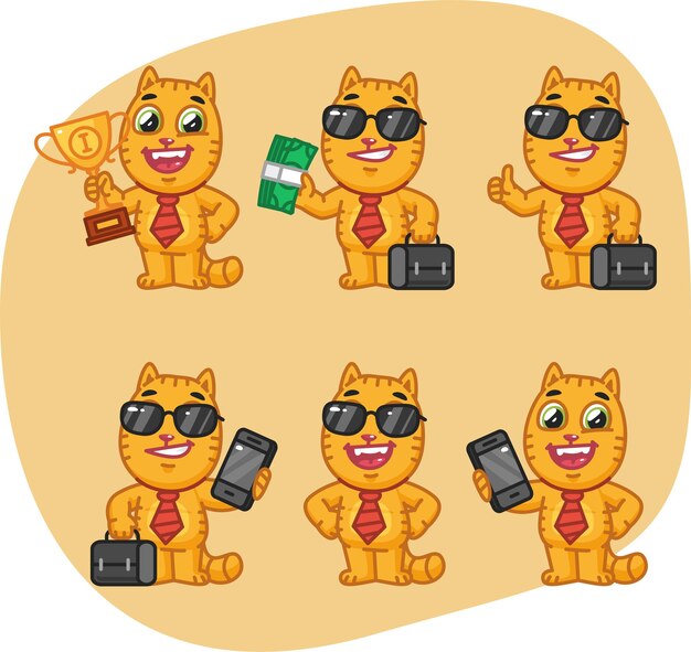 Definir gato caráter homem de negócios segurando copo de dinheiro mala ilustração vetorial telefone