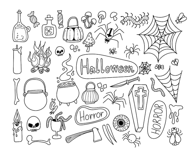 Definir happy halloween hand desenhando linha de rabiscos elementos assustadores celebrando o feriado de outono