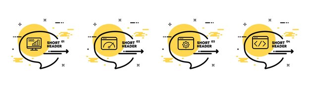 Definir ícone para o site Painel analítico de dados e configuração de teste de velocidade de SEO de negócios Botões de retrocesso Linha do tempo infográfica com ícones e 4 etapas Ícone de linha vetorial para negócios e publicidade