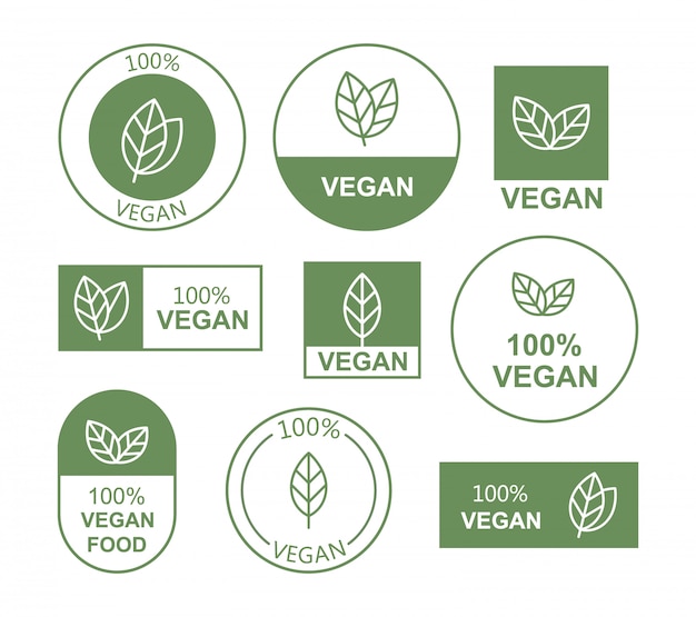 Vetor definir ícone vegan plana no fundo branco. bio, ecologia, logotipos orgânicos e emblemas.