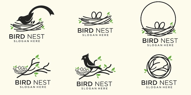 Definir ilustração de linha do logotipo natural do ícone do ninho de bird39s com belos símbolos de raízes e folhas
