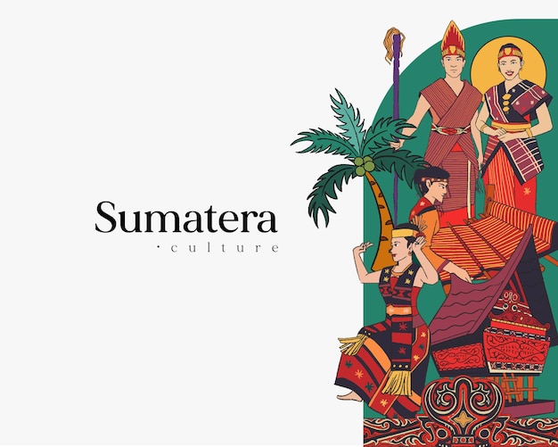 Definir ilustração de sumatra bataknese. fundo de culturas indonésias desenhadas à mão