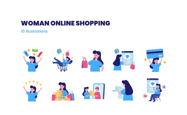 Definir ilustração do conceito de comércio eletrônico de atividade de compras online de mulher