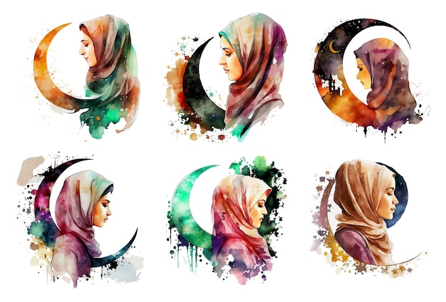 Definir ilustração em aquarela de mulher muçulmana no conceito hijab ramadan