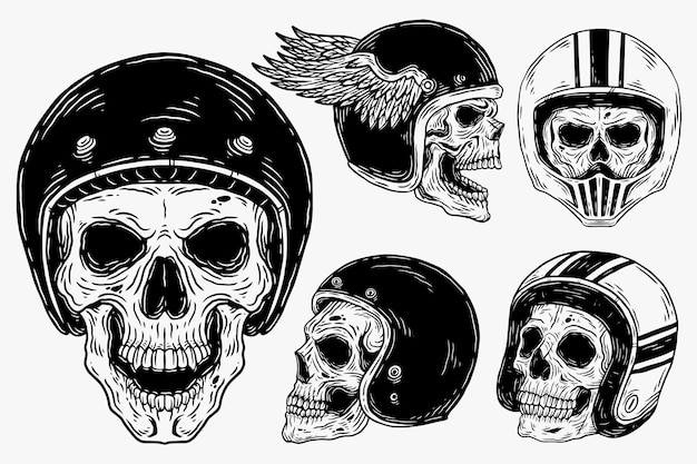 Vetor definir ilustração escura cavaleiro de ossos de cabeça de caveira com capacete desenhado à mão estilo de contorno de incubação para camiseta de mercadoria de tatuagem merch vintage