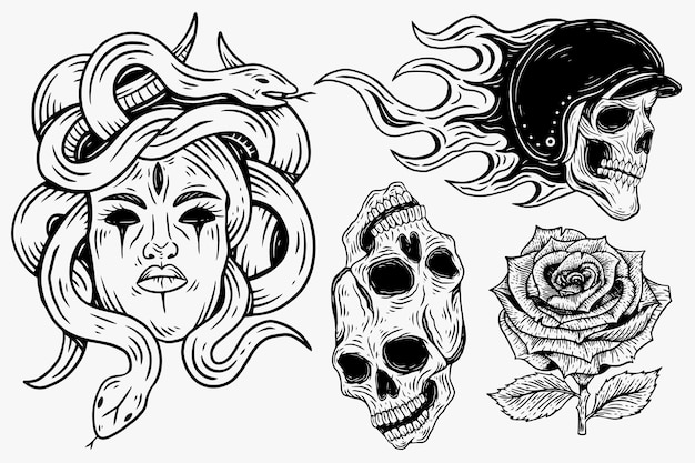 Definir ilustração escura Ossos de cabeça de caveira desenhados à mão Estilo de contorno de incubação para tatuagem mercadoria camiseta Merch vintage