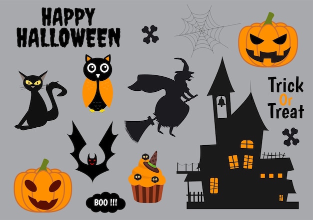 Definir ilustração vetorial de elementos de Halloween com vários tipos de coisas, como fantasmas, abóboras, caveiras, doces e mais modelos de fundo de desenho animado