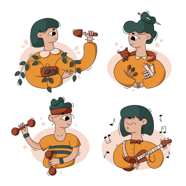 Definir ilustrações vetoriais planas de desenhos animados as meninas fazem seus hobbies esporte arte música jardinagem