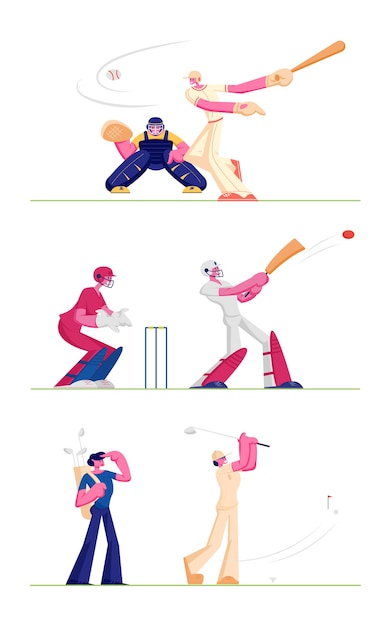 Definir jogadores de golfe e beisebol, isolados no fundo branco. ilustração plana dos desenhos animados