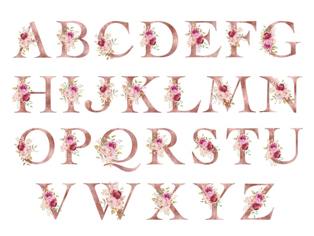Definir letras de outono com flores e folhas em aquarela