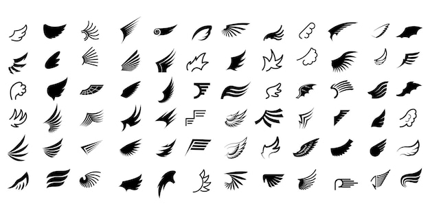 Definir linha preta coleção plana asas ícone de vetor desenho de penas estilo de decoração desenho animado