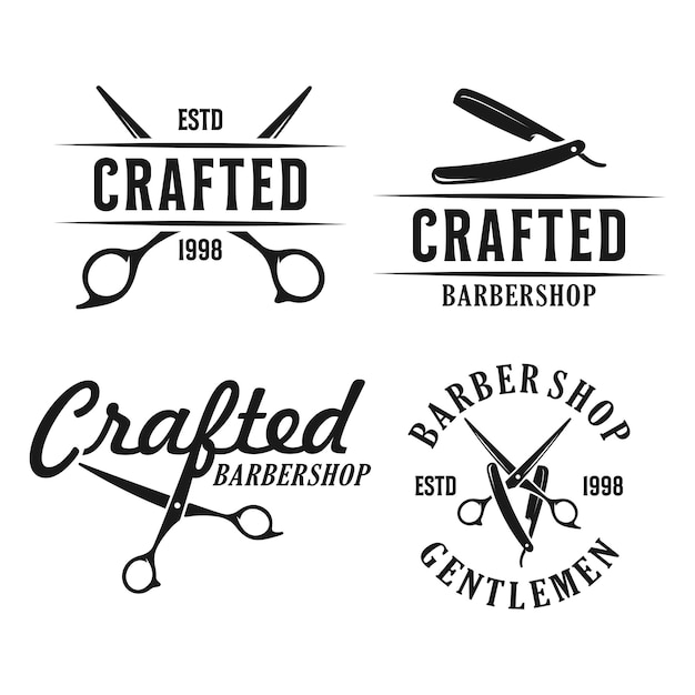 Definir logotipo da barbearia vintage estilo clássico salão moda corte de cabelo pomada ícone distintivo simples minimalista moderno barbeiro poste de barbear tesoura lâmina de barbear retrô símbolo vetor luxo design elegante