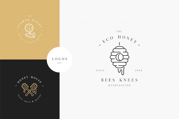 definir logotipos illustartion e modelos ou emblemas de design. Orgânicos e eco mel rótulos e etiquetas com abelhas. Estilo linear e cor dourada.