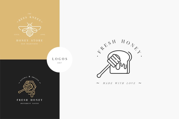 definir logotipos illustartion e modelos ou emblemas de design. Orgânicos e eco mel rótulos e etiquetas com abelhas. Estilo linear e cor dourada.