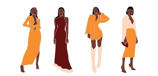 Definir moda elegante mulheres abstratas em estilo moderno. coleção de linda mulher negra. roupa de mulher. ilustração mínima do vetor isolada no fundo branco.