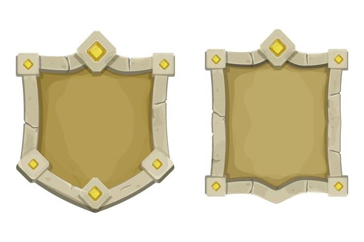 Vetor definir moldura de pedra com borda e pedras preciosas, forma de escudo, painel de menu medieval vazio