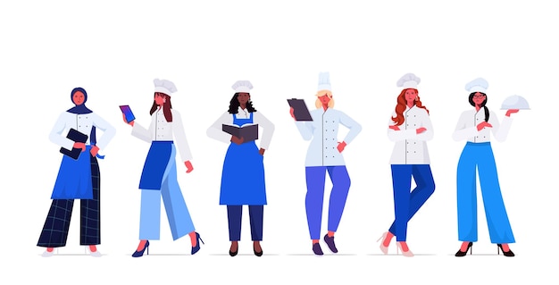 Definir mulheres cozinheiras em uniforme mulheres bonitas chefs cozinhar conceito da indústria de alimentos restaurante profissional cozinha trabalhadores coleção ilustração vetorial horizontal de comprimento total