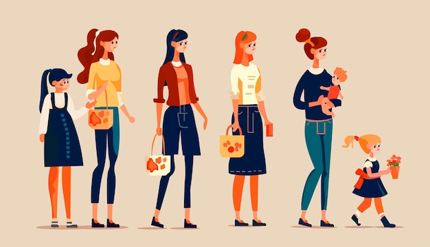 Definir mulheres e crianças em pé pose modelo de cartão de dia das mães coleção de personagens de desenhos animados diferentes