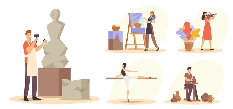 Vetor definir o conceito de ocupação criativa. personagens masculinos e femininos talentosos trabalhando em escultura ou cerâmica, pintura artística, tocando instrumentos musicais e balé de dança. ilustração em vetor desenho animado