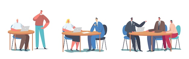 Definir o conceito de trabalho com os clientes. Gerentes de escritório ou escriturários sentados na mesa se comunicam com os clientes Personagens oferecendo serviços, consumismo, assistência, suporte. Ilustração em vetor desenho animado