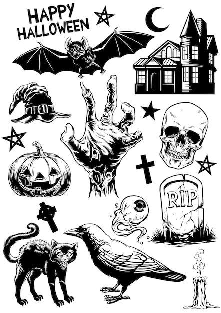 Definir o desenho de halloween de objetos de halloween em preto e branco