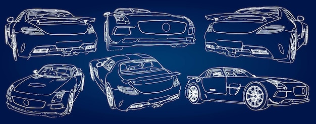 Definir o esboço de um carro esportivo moderno em um fundo azul com um gradiente.