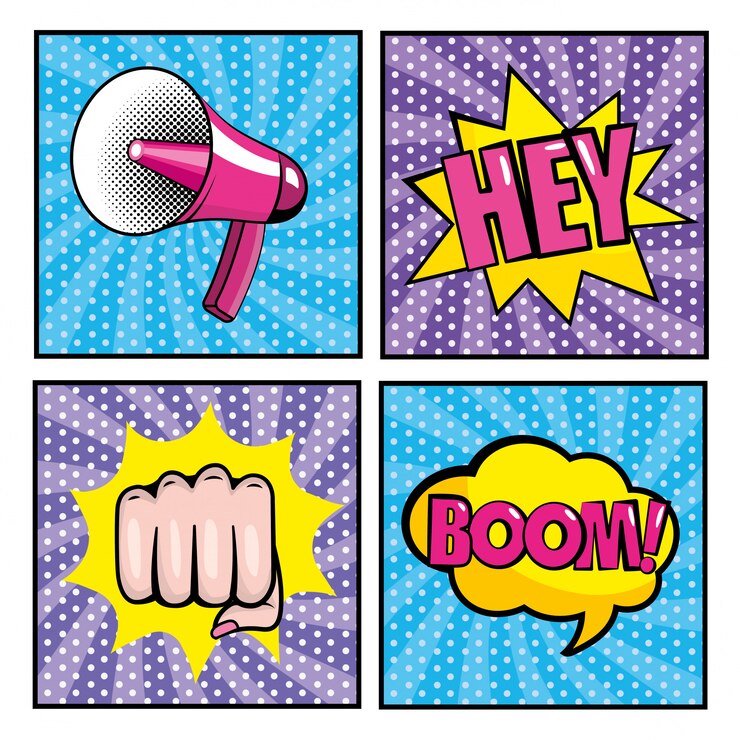 Vetor definir o megafone e mão punho com mensagem de pop art