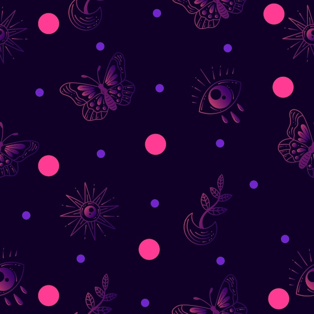 Definir padrão sem emenda roxo místico celestial simples minimalismo símbolo tatuagem com círculo rosa objeto espaço doodle elementos esotéricos ilustração vintage roxo escuro