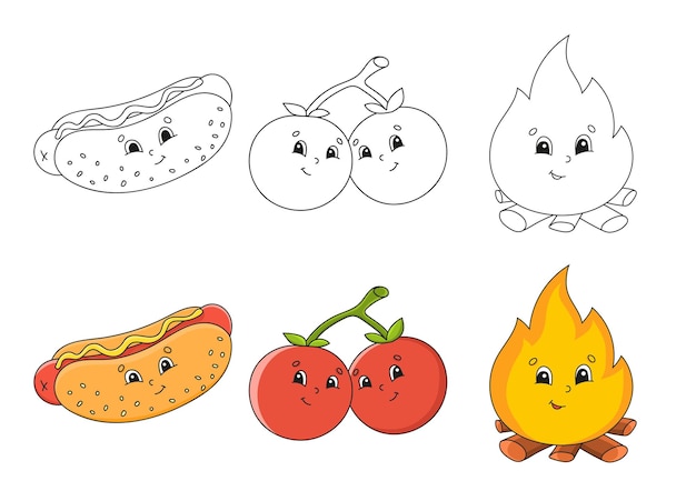 Definir página para colorir para crianças personagens de desenhos animados bonitos traço preto com amostra de tema de churrasco