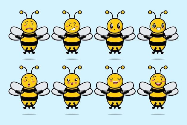 Definir personagem de desenho animado de abelha kawaii com diferentes expressões de ilustrações vetoriais de rosto de desenho animado