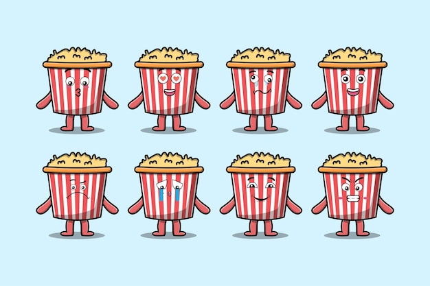 Definir personagem de desenho animado kawaii popcorn com diferentes expressões ilustrações vetoriais de rosto de desenho animado