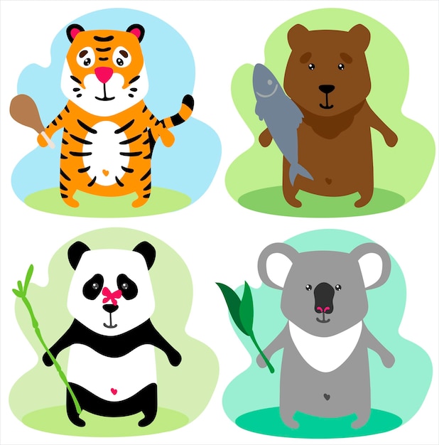 Definir personagens de animais fofos, urso tigre panda e coala no estilo cartoon
