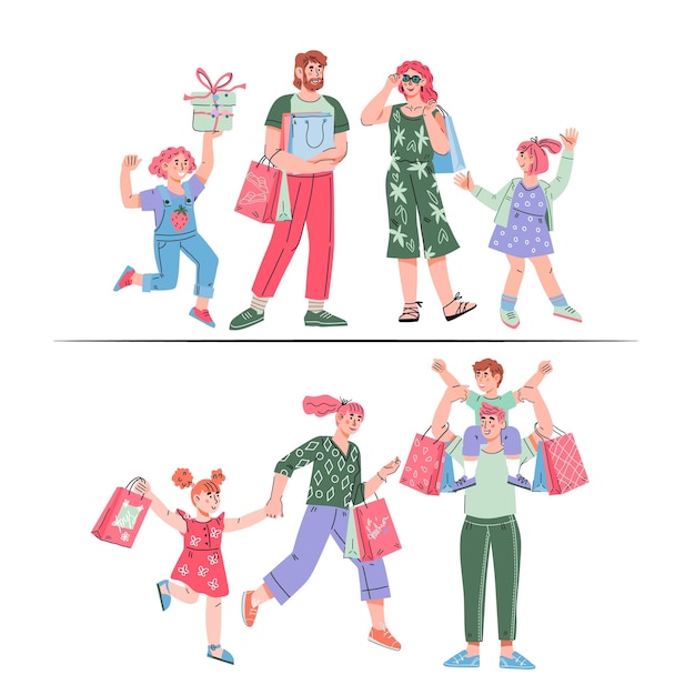 Definir personagens de famílias felizes de compradores, pais e filhos com sacolas de compras à venda